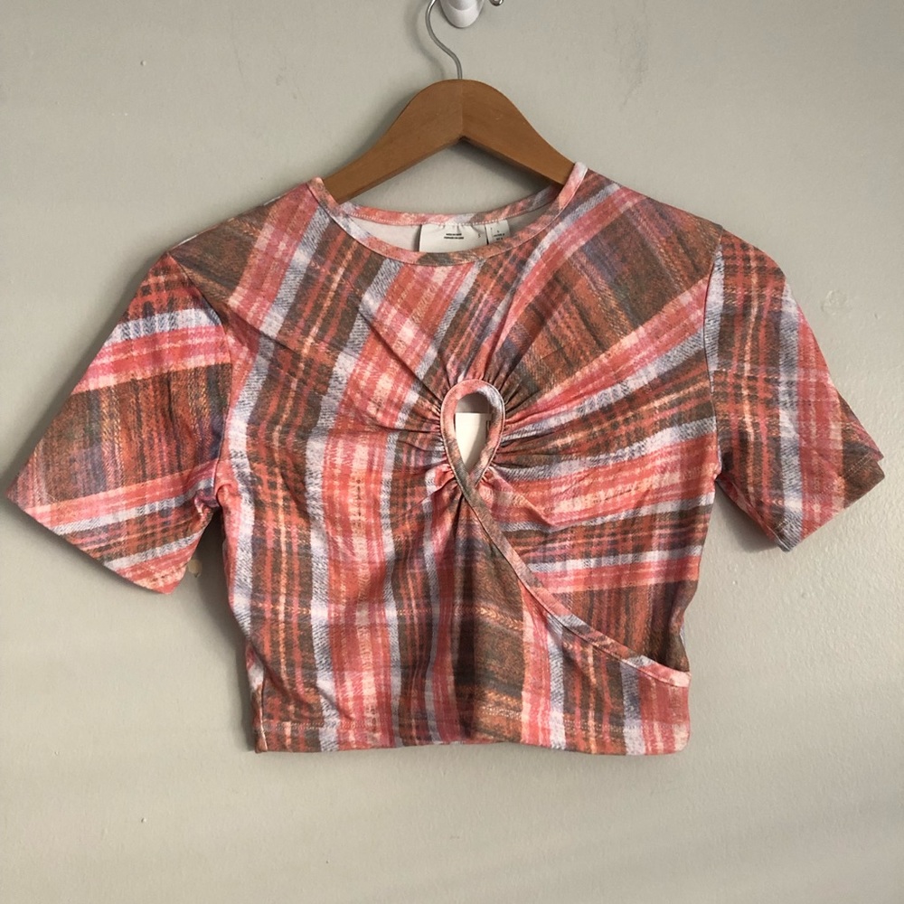 C/MEO Collective Plaid Crop Top in Pink and Brown